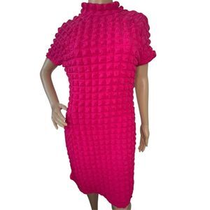 Planet Gold Hot Pink Short Sleeve Stretchy Crinkle Knee Length Dress